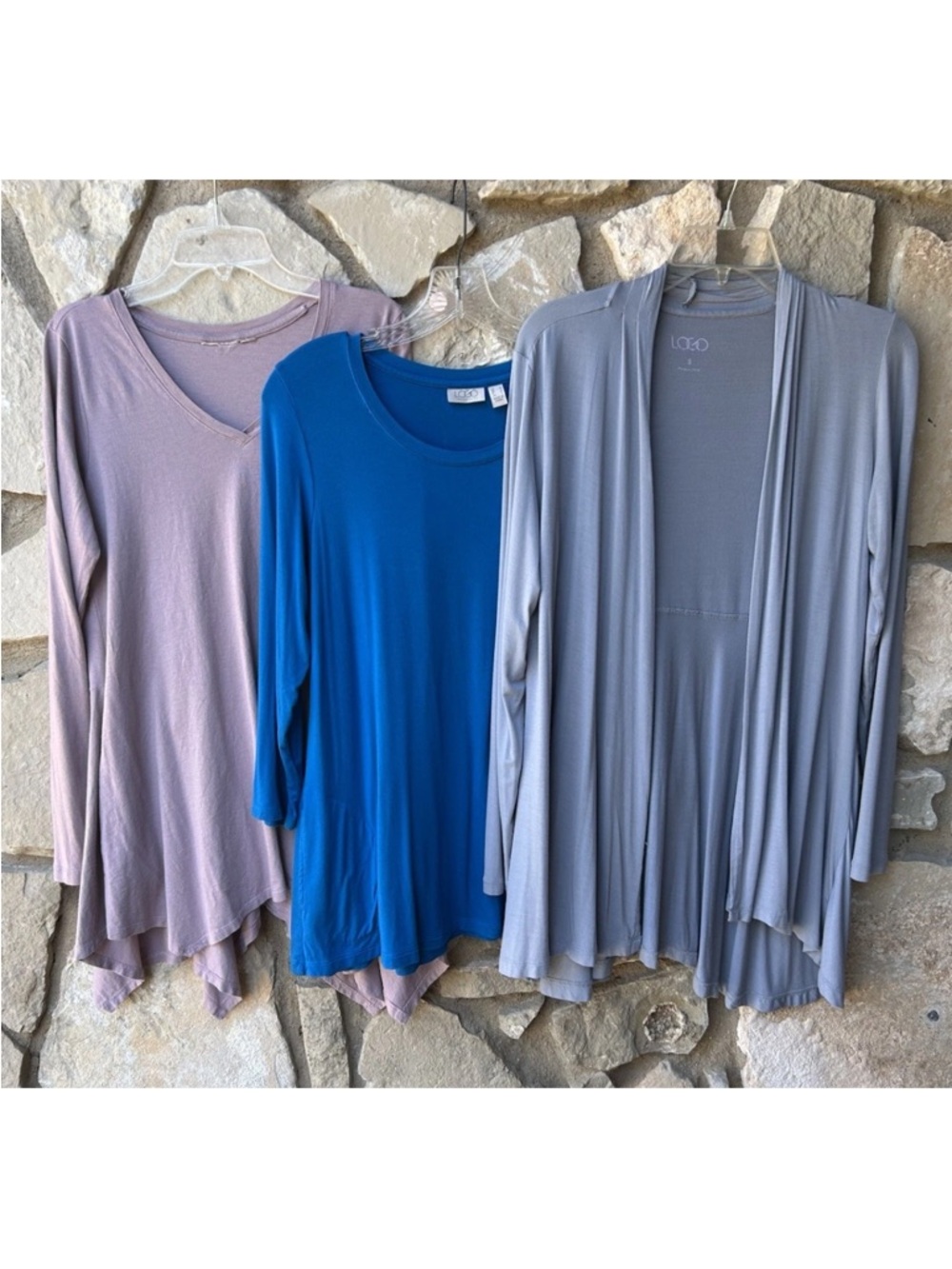 3 LOGO By Lori Goldstein 2 Tunic Tops Small Blue Dusty Pink 1 Cardigan Gray